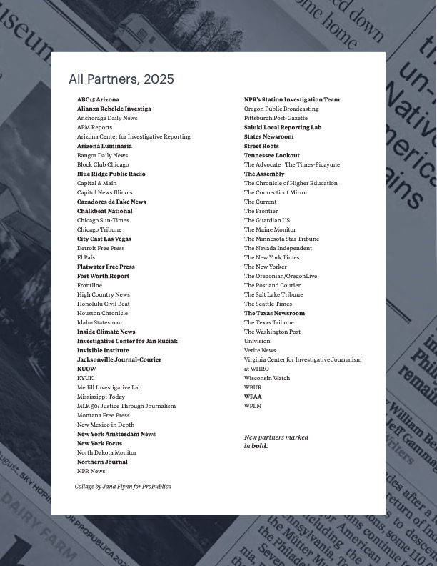 List of ProPublica partners for 2025, including MIL: Justice Through Journalism