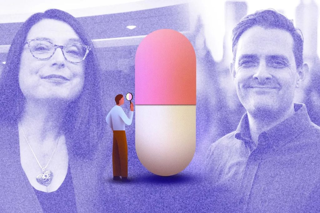 Illustration of person holding a magnifying glass up to a large pill, with headshots of man and woman in background