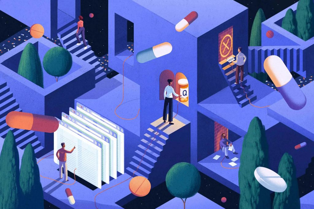 Abstract illustration of people navigating a maze of stairs and platforms with giant pills
