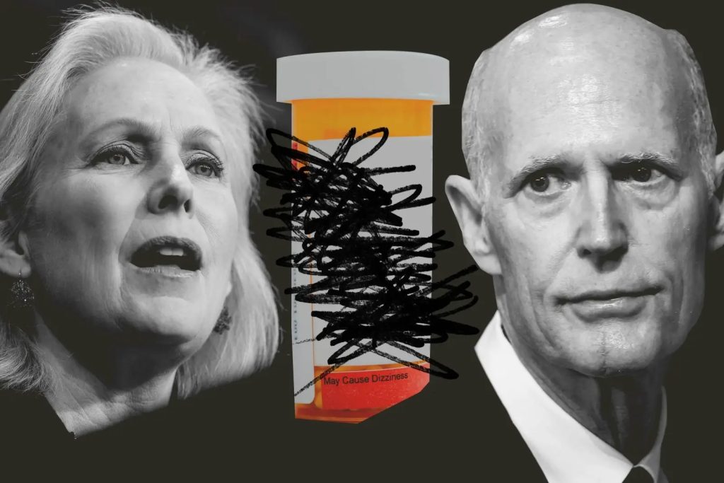 Illustration of headshos of Kirsten Gillibrand and Rick Scott with a pill bottle in between